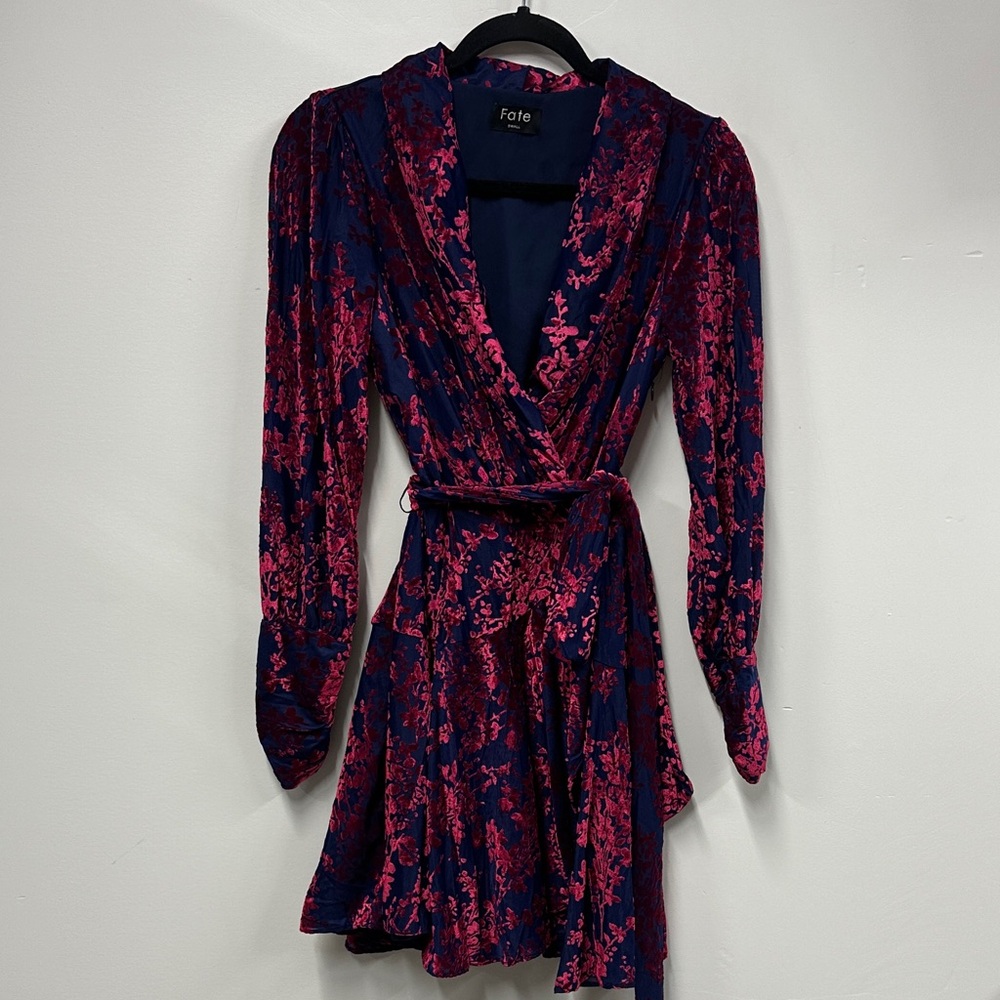 Fate Women's Pink and Blue velvet Wrap Dress S